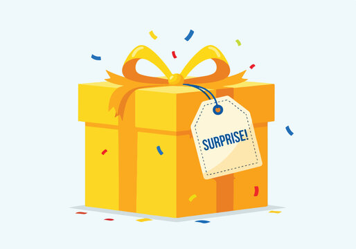 A yellow gift box with a surprise tag