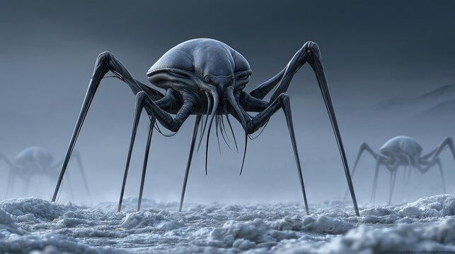 Alien creature spiderlike monster foggy landscape dark sky eerie scene long leg blue gray fantasy horror