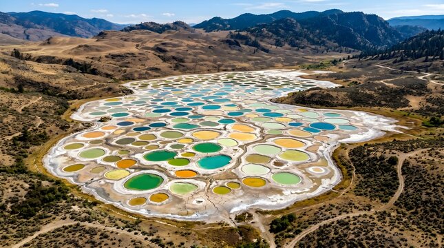 Spotted Lake aerial view, colorful mineral pools in desert landscape, natural saline endorheic alkali lake with vibrant green and yellow circles