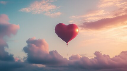 Obraz premium A red heart shaped balloon floating against a sunset sky.