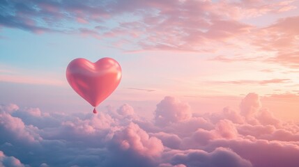 Fototapeta premium A heart-shaped balloon floating above fluffy clouds at sunset.