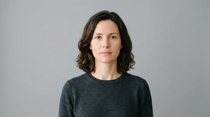 Fototapeta premium Front view studio headshot of a confident young Caucasian woman with wavy brown hair on a neutral grey background