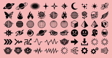 Retro y2k futuristic design elements collection with tech grids planets skulls flames stars and abstract geometric shapes vector illustration © tecna