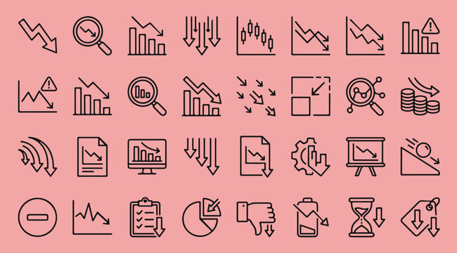 Financial crisis and economic decrease line icons set with downward business trends market crash loss charts and arrow symbols vector illustration