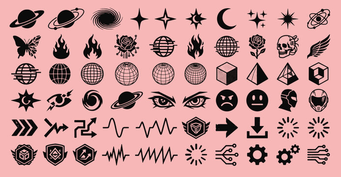 Retro y2k futuristic design elements collection with tech grids planets skulls flames stars and abstract geometric shapes vector illustration