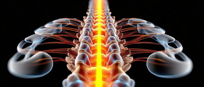 Spinal Nerve Network: A detailed anatomical illustration showcases the intricate network of nerves and vertebrae within the human spine, highlighted by a glowing central nerve pathway.