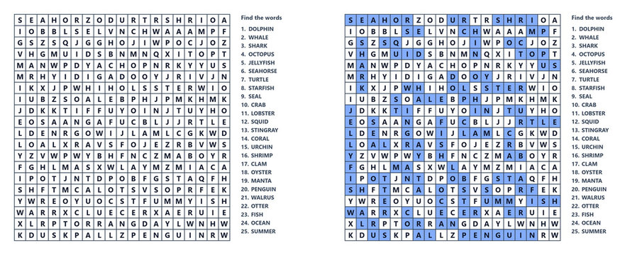 Hard summer word seek activity vector ocean animals theme