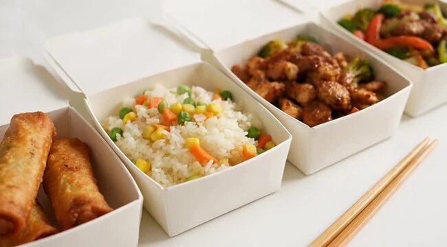 Panning Across White Cardboard Takeout Boxes Filled with Delicious Chinese Food Including Spring Rolls, Fried Rice, and Meat Stir-Fry
