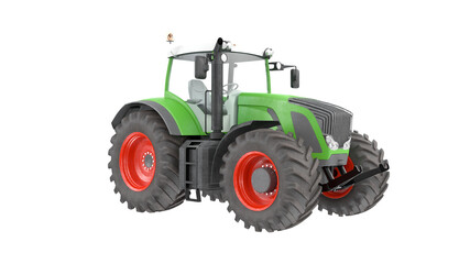 Obraz premium Modern green agricultural tractor, powerful farming machine 3D render isolated on transparent background.