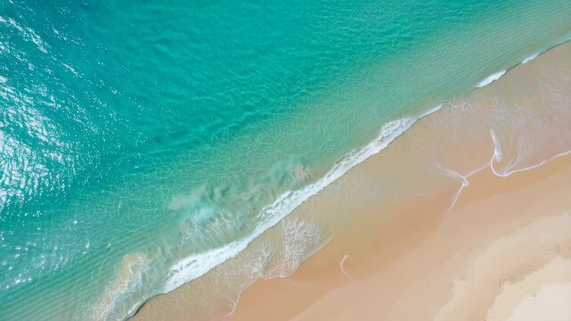 Aerial view of tranquil turquoise ocean waves gently lapping against a sandy beach. Represents relaxation, nature's beauty, and coastal serenity