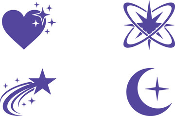 Y2k aesthetic celestial purple icons set with sparkling love heart shooting comet star atomic orbit and crescent moon vector illustration © tecna