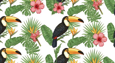 Obraz premium Tropical Toucans: Watercolor Floral Pattern
