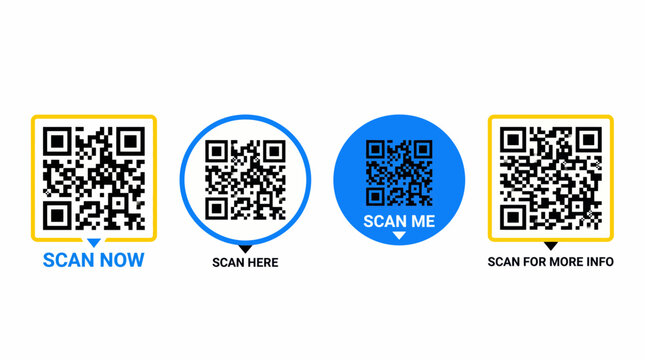 Set of four digital qr code labels with call to action text on white background