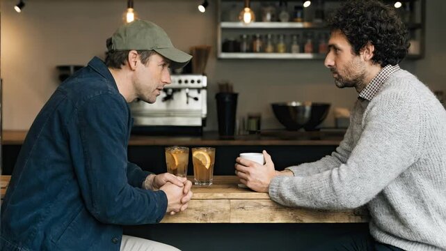 Medium shot of an insurance agent explaining multiline small business package policy to a cafe owner amid blurred coffee shop background.