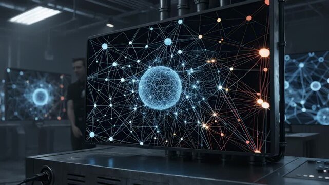 Medium shot of digital interfaces displaying riskadjusted returns under stress conditions in a futuristic research room with one main monitor in sharp focus and secondary displays