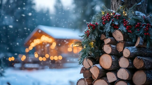 A cozy stack of firewood decorated with greenery and berries in a snowy landscape near a warmly lit cabin during winter