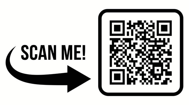 Minimalist black and white qr code graphic with scan me directional arrow sign