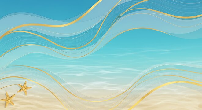 Abstract Summer Beach Background: Gold Waves & Starfish