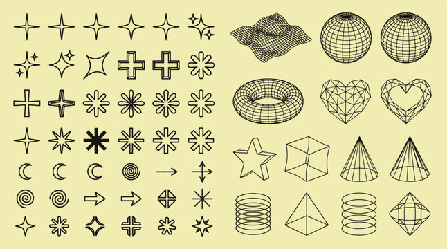 Trendy retro futuristic geometric elements wireframe shapes brutalist y2k design asset stars grid sparkles abstract collection vector illustration
