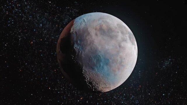 Observing the surface of Pluto from space with clear dark background showing stars and cosmic dust in the distance