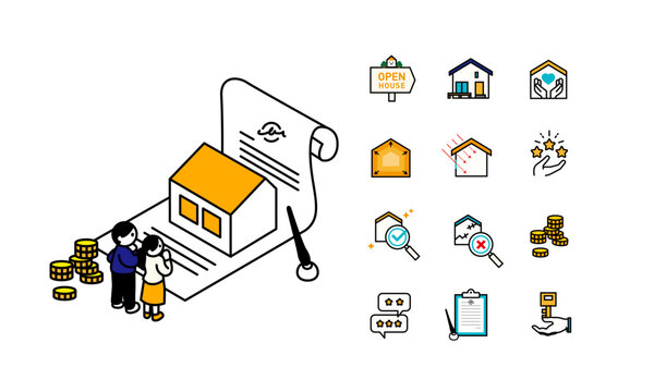 住宅購入を検討する夫婦のイラストと、住宅購入契約と不動産アイコンのイラスト