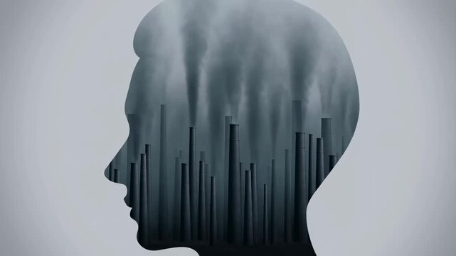 Silhouette of a human head filled with industrial smokestacks emitting pollution. Represents the impact of industrialization on mental health and environmental awareness