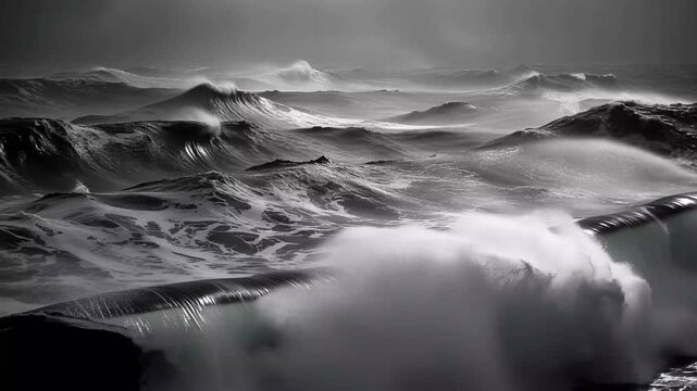 Strong waves crash on a dark ocean during a stormy afternoon, creating a powerful scene of nature's energy and raw force at sea