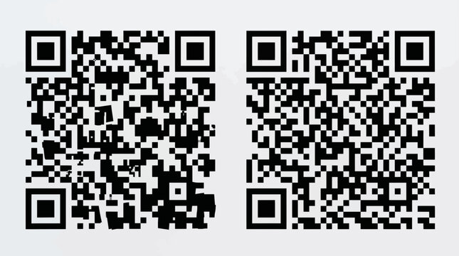 Two distinct black and white qr codes on a minimalist light gray background