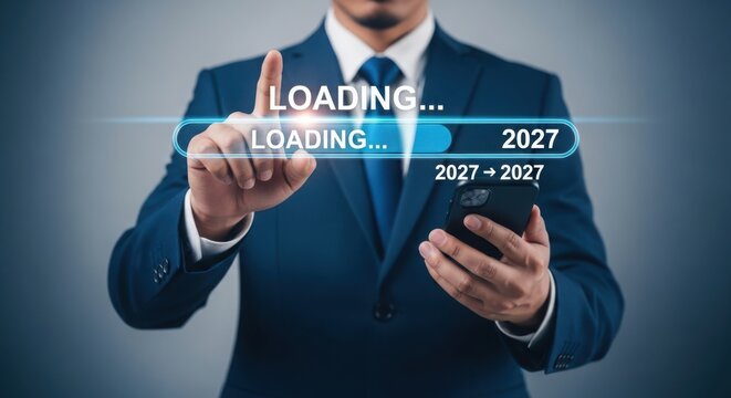 Man in blue suit interacting with futuristic loading bar illustration