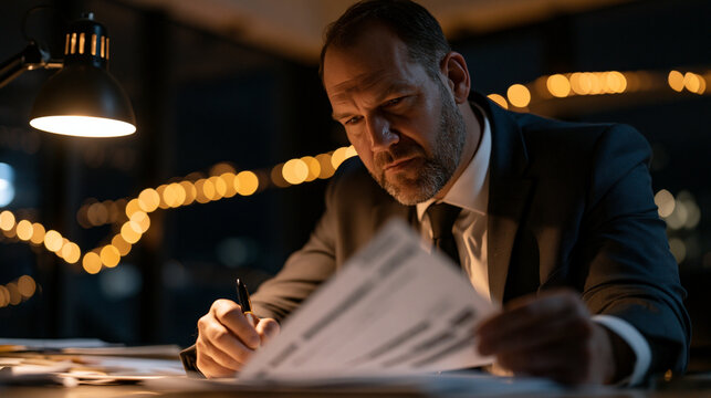 National intelligence oversight committee member reviewing a redacted document at a secure reading room table, black-and-white classified stamps visible on the page corners under a single overhead d