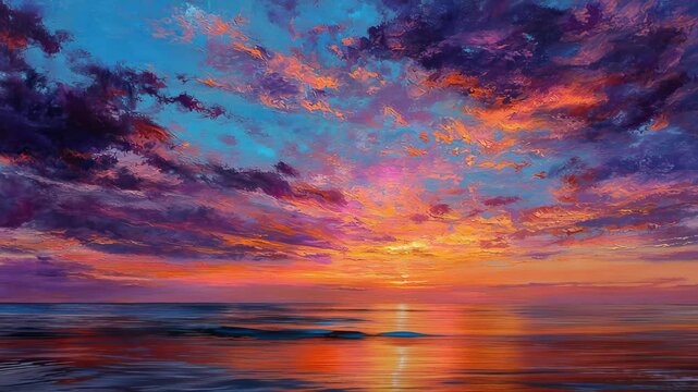 Sky and sea meet at sunset with vibrant colors and unique cloud patterns reflecting in the water