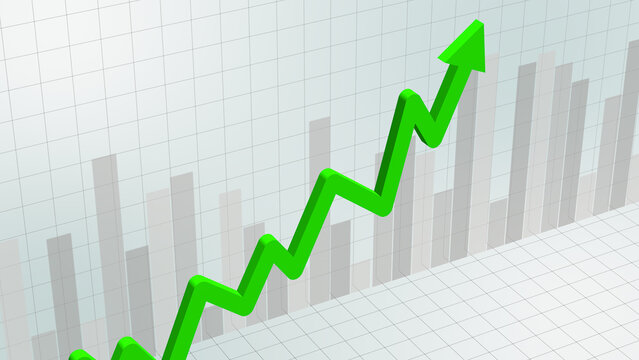 Green 3D line arrow pointing upward showing stock market growth, financial investment uptrend, business profit increase, economic performance rise, and positive trading concept