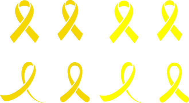 Yellow ribbon awareness vector set. Cancer prevention and medical support symbols collection isolated on white background. Healthcare campaign emblem graphics for hope and solidarity. Flat loop ribbon