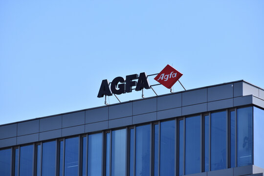 Agfa company office with logo, emblem, signage. Leading company in imaging technology. WARSAW, POLAND - APRIL 18, 2026