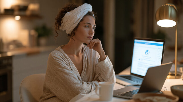 Language learning app streak milestone email displayed on desktop showing globe icon and consecutive practice days, adult learner in pajamas at kitchen table early morning routine