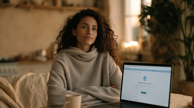 Language learning app streak milestone email displayed on desktop showing globe icon and consecutive practice days, adult learner in pajamas at kitchen table early morning routine