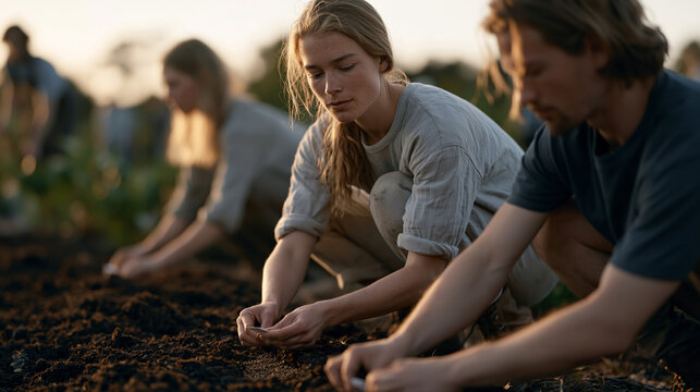 Seed-saving collective members crouch together in a community garden, carefully labeling small envelopes of heritage variety seeds, the golden hour light warming their hands and