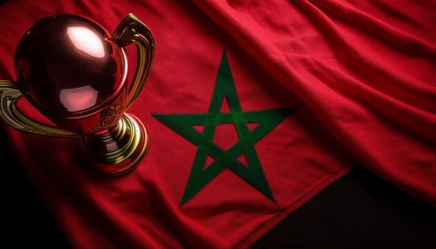 Gold trophy placing on Morocco flag in the dark