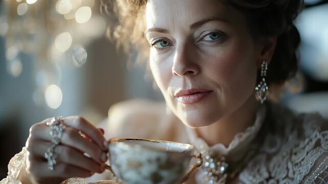Woman, elegant individual in ornate lace garment, enjoying delicate porcelain teacup, subtle smile emerging, sophisticated period fashion, luxurious interior lighting, detailed jewelry accessory.