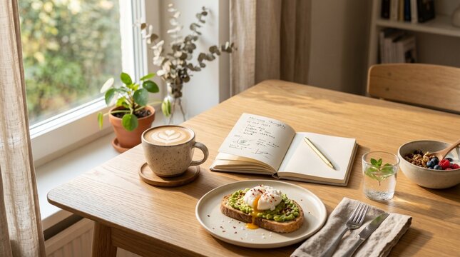 Aesthetic minimalist breakfast scene on a wooden table, ceramic coffee cup with latte art, open notebook, soft morning sunlight through window, warm neutral tones, shallow depth of field, Scandinavian