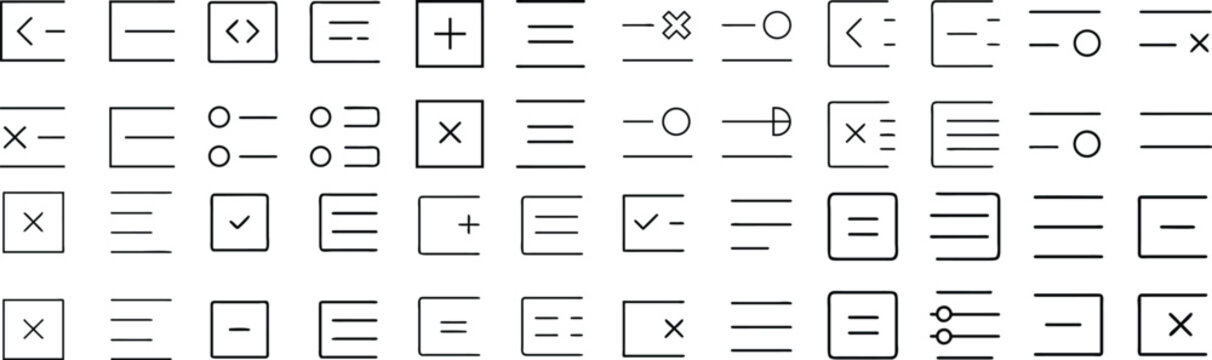 A collection of minimalist line icons for digital interfaces, featuring basic symbols like plus, minus, equal signs, and menu bars, rendered in a clean, modern aesthetic.
