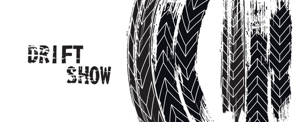 Drift background monochrome with texture wheel marks and drift in skidding, rounded tire marks. Vector isolated texture. Drift background illustration © achtopik