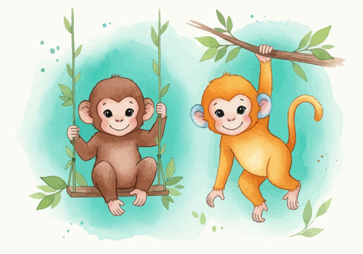 Two cartoon monkeys playing in a jungle setting, one on a swing, the other hanging from a branch