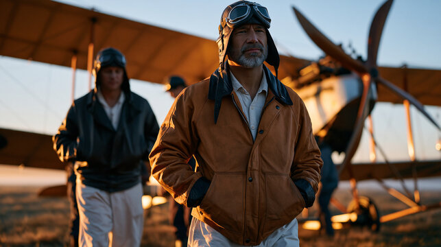 Vintage biplane reenactors in period leather helmets and goggles walk the grass runway before a centennial first-flight ceremony, support crew inspecting wooden propellers, an early morning mist dri