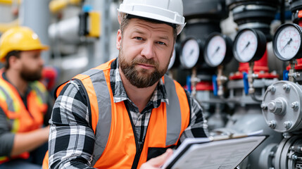 Fototapeta premium Water utility inspector crouching near a municipal infrastructure access panel in an industrial treatment facility, reviewing a compliance report on a hardback clipboard while a colleague monitors g