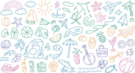 Obraz premium Colorful Summer and Beach Doodle Icon Set with Sun, Rainbow, Clouds, Palm Trees, Fruits, Flipflops, Boat, Surfboard, Drinks, Camera, Sunglasses, and Vacation Elements for Fun Designs
