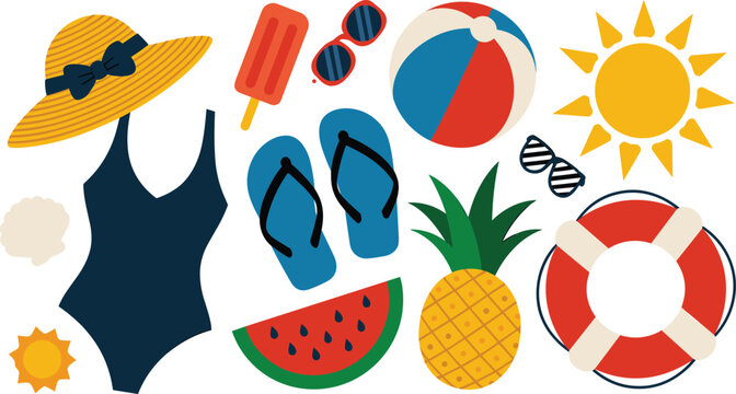 Colorful Summer and Beach Items Vector Set with Swimsuit, Sun Hat, Flipflops, Sunglasses, Beach Ball, Lifebuoy, Pineapple, Watermelon, Popsicle, and Sun for Vacation Designs
