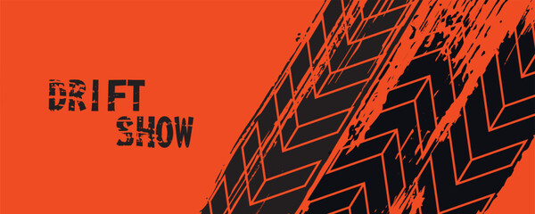 Bright orange grungy background with abstract tire tracks for your drift show, rally, racing, car, off-road design - vector illustration © achtopik