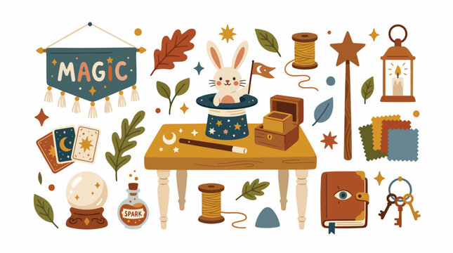 Whimsical magic tricks and tools displayed.