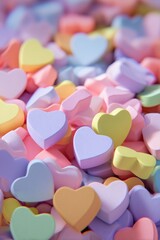 Obraz premium Romantic love theme for Valentines Day. A vibrant array of heartshaped candies, each with a distinct color and glossy finish, set against a blurred background, suggesting a festive atmosphere.